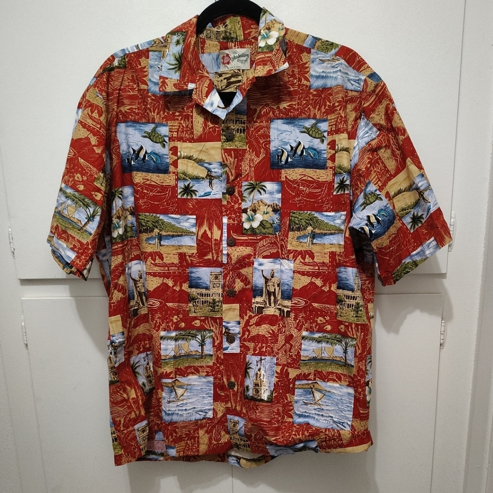 VTG Hilo Hattie Hawaiian Shirt Men's L Red Postcard Print Made In Hawaii Aloha